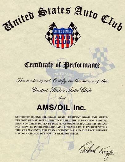 1980 Indy 500 Amsoil Certificate Of Performance